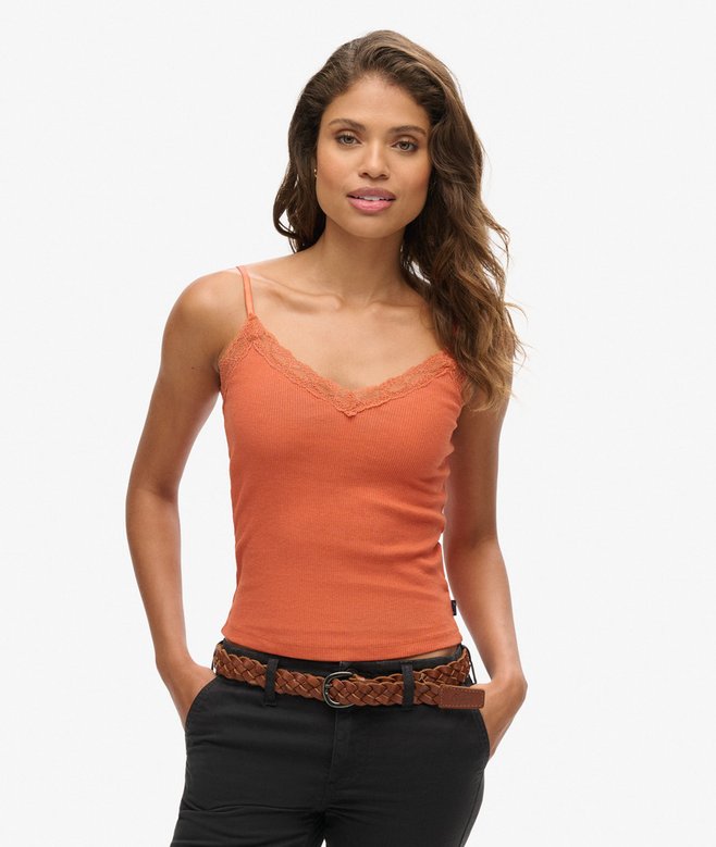 superdry Organic Cotton Vintage Rib Lace Trim Cami Top