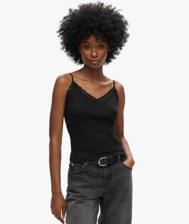 superdry Organic Cotton Vintage Rib Lace Trim Cami Top