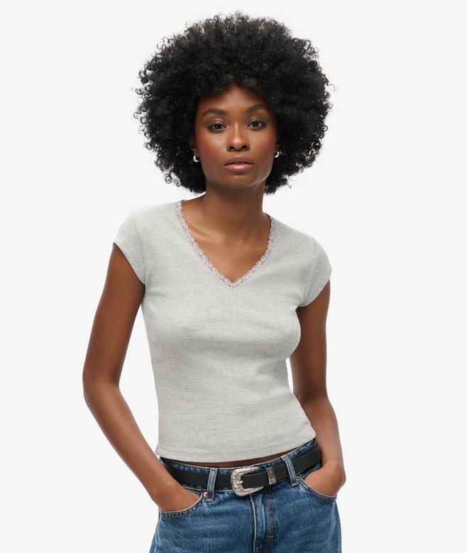 superdry Athletic Essentials Lace Trim V-Neck Top