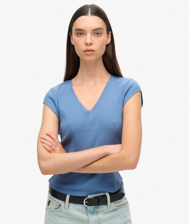 superdry Athletic Essentials Lace Trim V-Neck Top