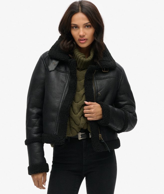 superdry Faux Shearling Cropped Aviator Jacket