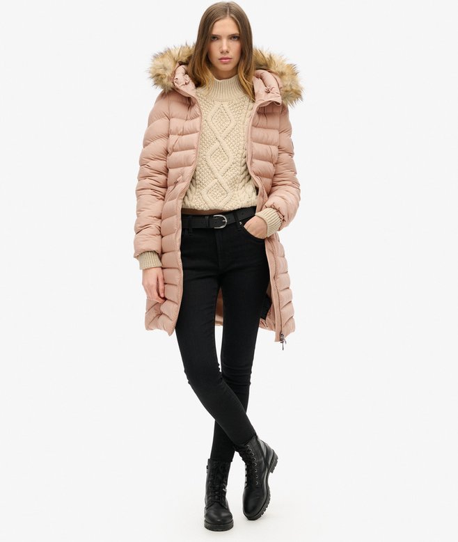 superdry Fuji Faux Fur Hood Mid Length Puffer Coat