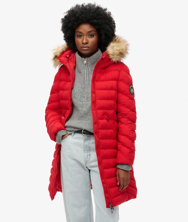 Superdry Fuji Faux Fur Hood Mid Length Puffer Coat
