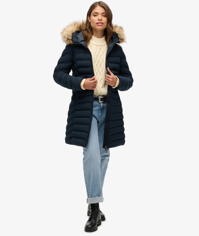 Superdry Fuji Faux Fur Hood Mid Length Puffer Coat