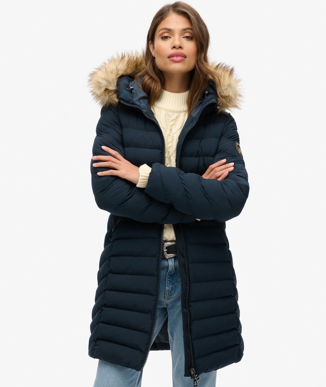 superdry Fuji Faux Fur Hood Mid Length Puffer Coat