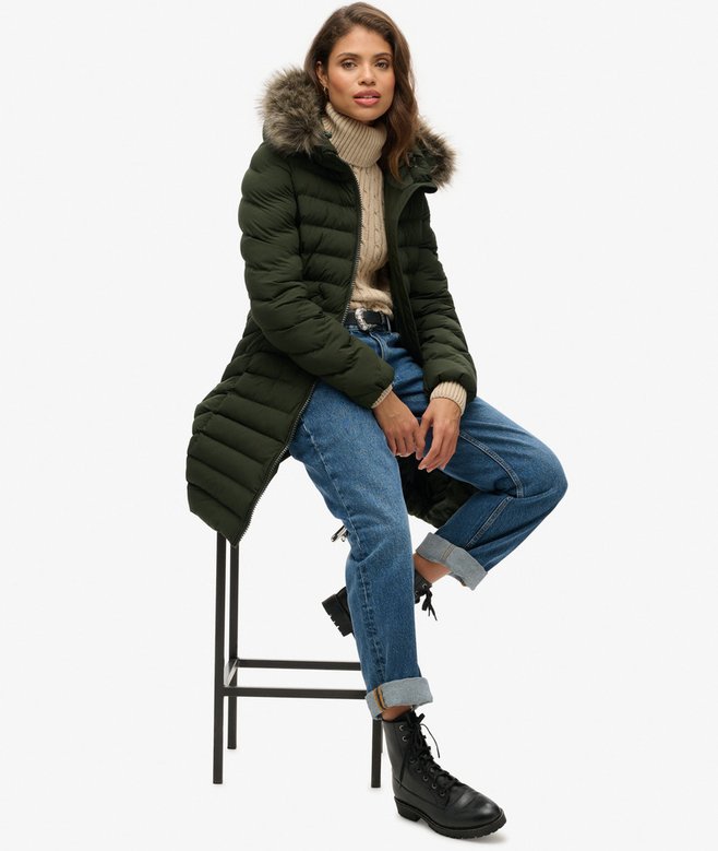 Superdry Fuji Faux Fur Hood Mid Length Puffer Coat
