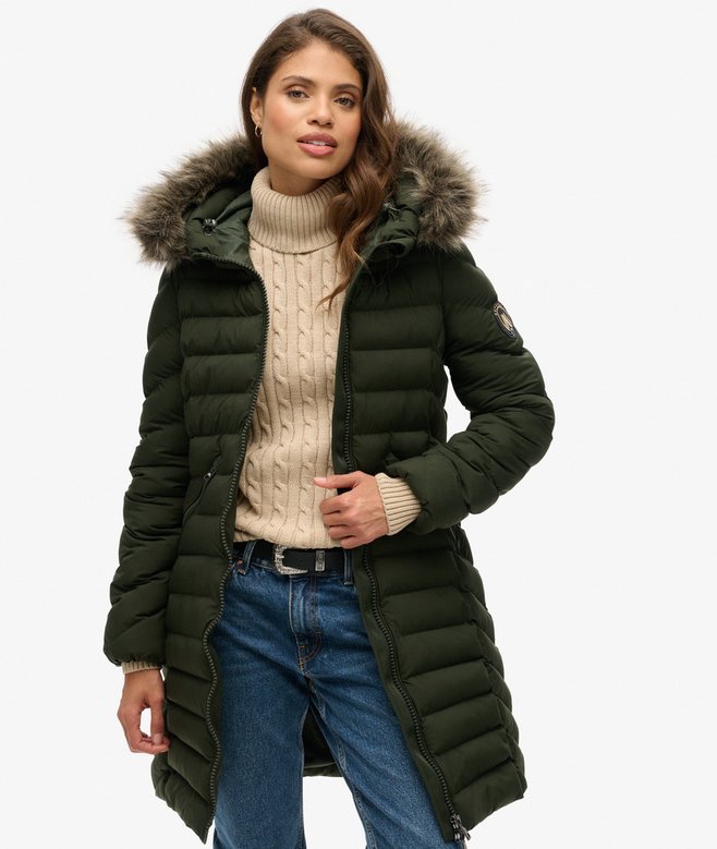 superdry Fuji Faux Fur Hood Mid Length Puffer Coat