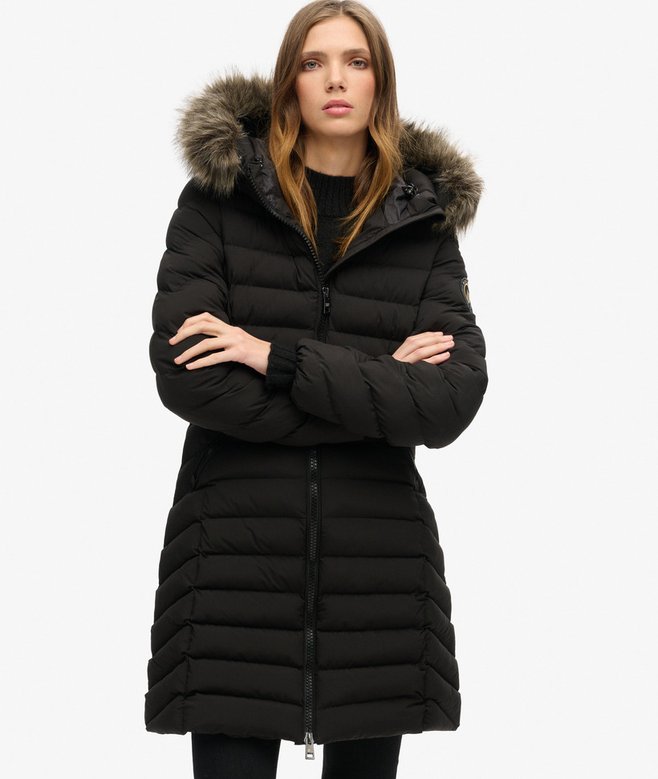superdry Fuji Faux Fur Hood Mid Length Puffer Coat