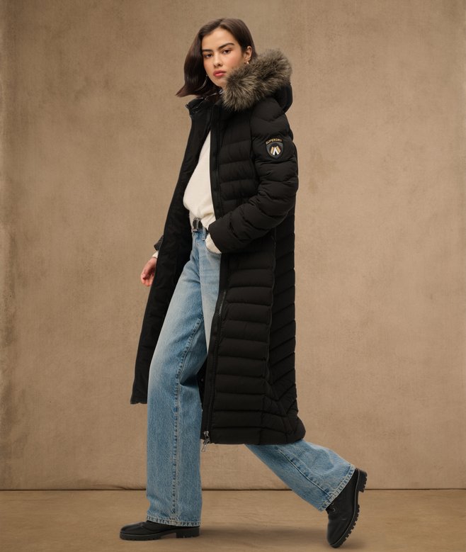 superdry Fuji Faux Fur Hooded Longline Jacket