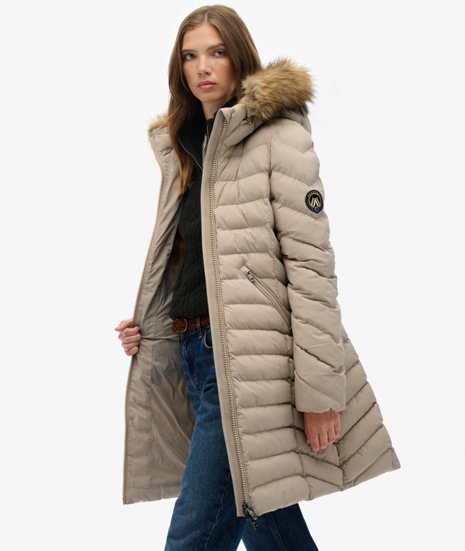 superdry Fuji Faux Fur Hooded Mid Length Coat