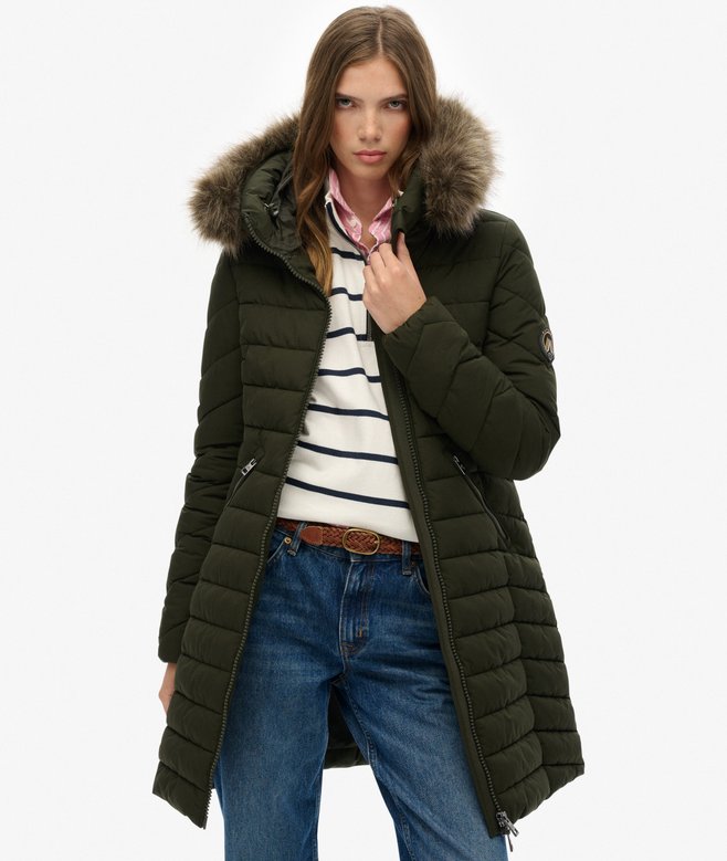 Superdry Fuji Faux Fur Hooded Mid Length Coat
