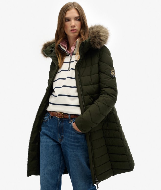 superdry Fuji Faux Fur Hooded Mid Length Coat