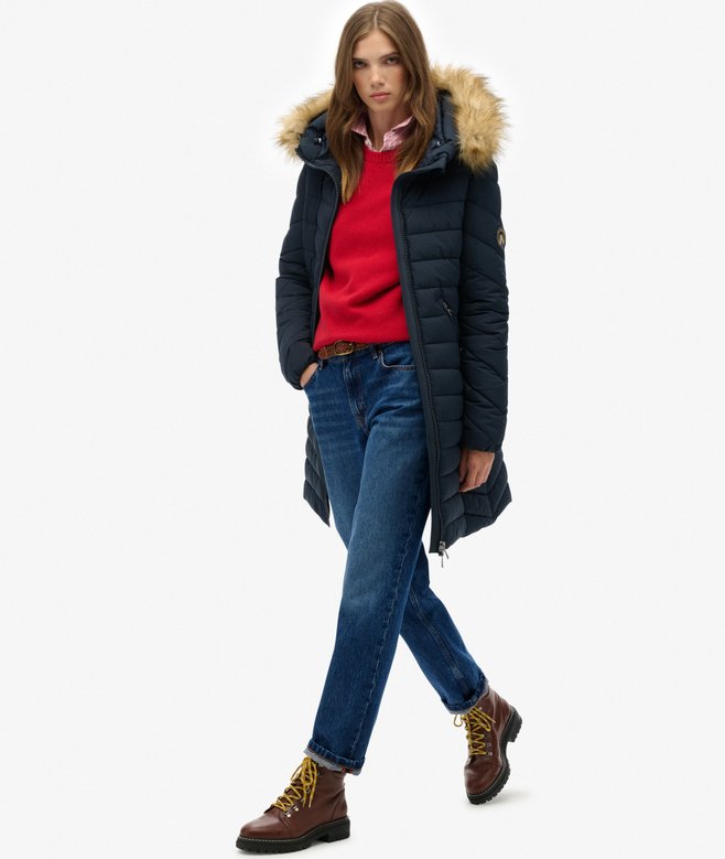 Superdry Fuji Faux Fur Hooded Mid Length Coat