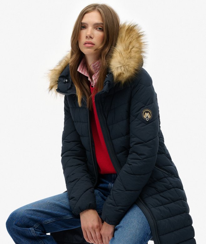 superdry Fuji Faux Fur Hooded Mid Length Coat
