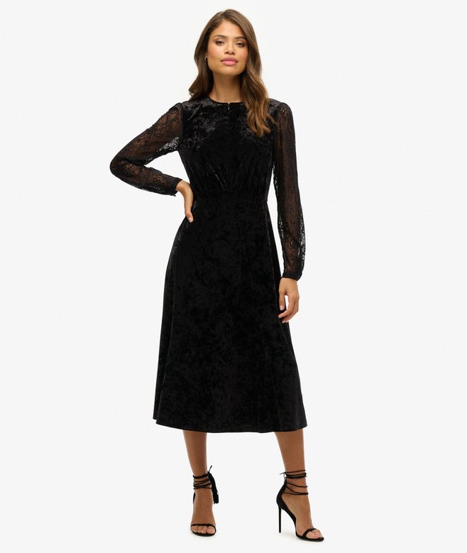 superdry Lace Sleeve Velvet Midi Dress