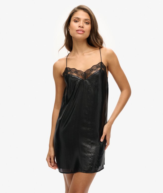 superdry Lace Trim Satin Slip Mini Dress