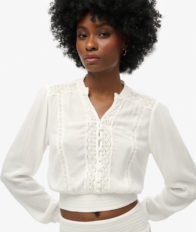 Superdry Long Sleeve Lace Trim Smocked Blouse