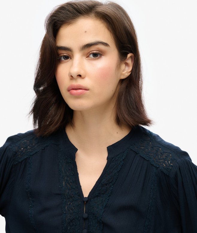 Superdry Long Sleeve Lace Trim Smocked Blouse