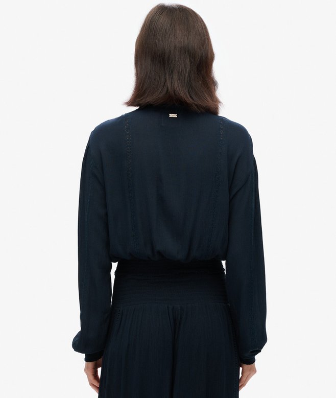 Superdry Long Sleeve Lace Trim Smocked Blouse