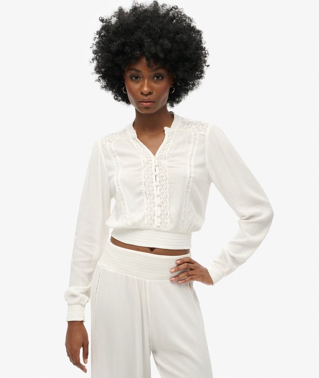 superdry Long Sleeve Lace Trim Smocked Blouse
