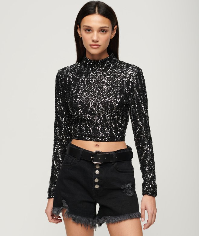 superdry Long Sleeve Sequin Crop Top