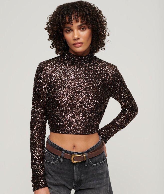 superdry Long Sleeve Sequin Crop Top