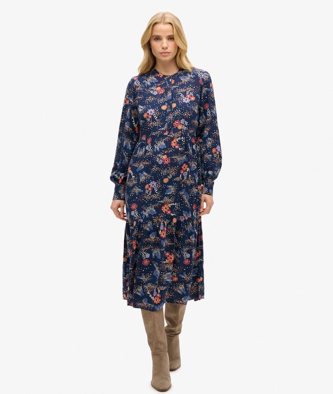 superdry Long Sleeve Tiered Midi Dress