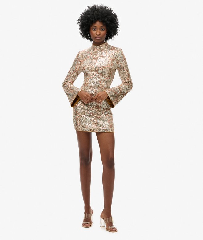 Superdry Long-Sleeved Printed Sequin Mini Dress