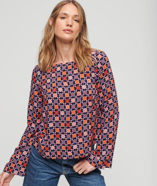 Superdry Printed Flared Sleeve Open Back Top