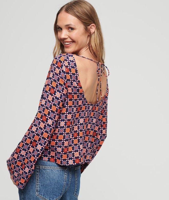 superdry Printed Flared Sleeve Open Back Top