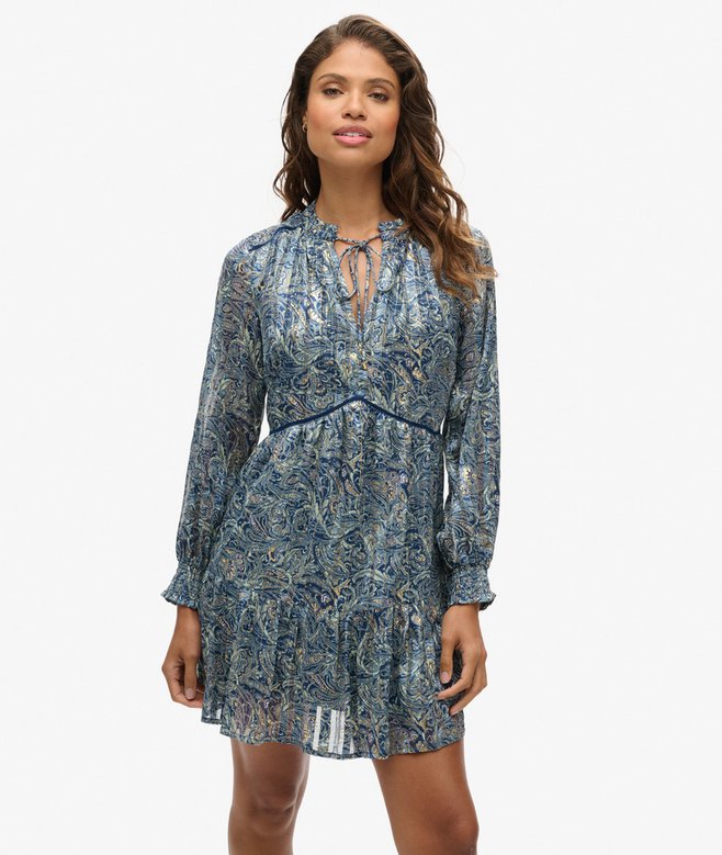 superdry Printed Long Sleeve Metallic Mini Dress