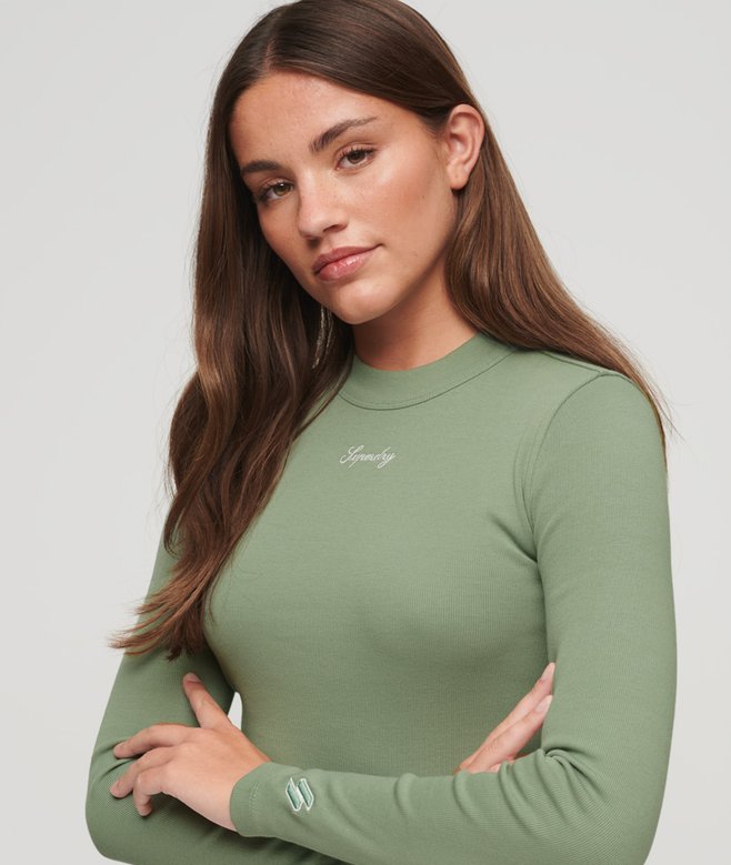 Superdry Ribbed Long Sleeve Embroidered Crop Top