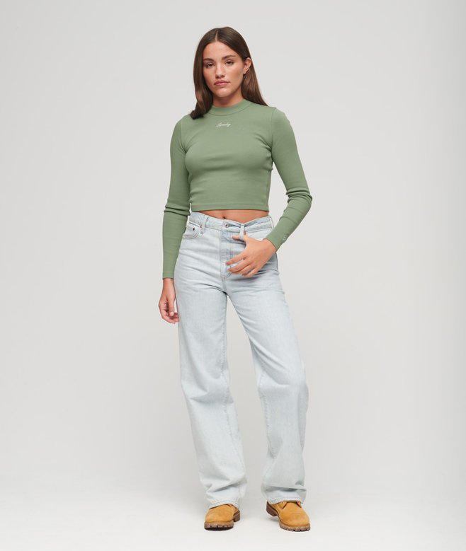 Superdry Ribbed Long Sleeve Embroidered Crop Top