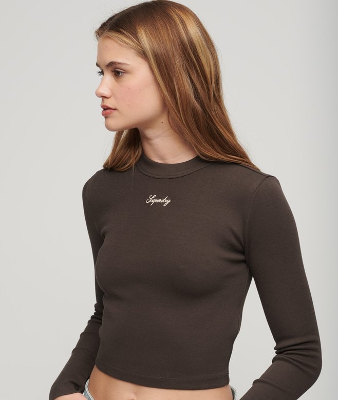 Superdry Ribbed Long Sleeve Embroidered Crop Top