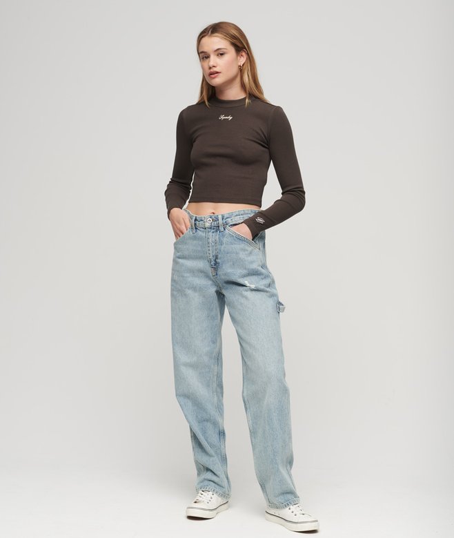 Superdry Ribbed Long Sleeve Embroidered Crop Top