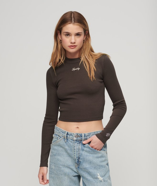 superdry Ribbed Long Sleeve Embroidered Crop Top