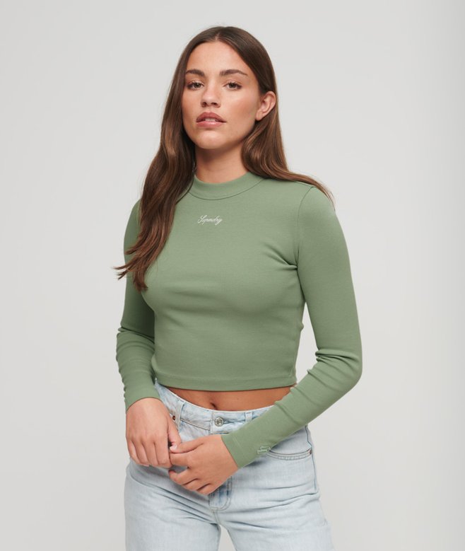 superdry Ribbed Long Sleeve Embroidered Crop Top