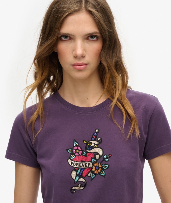 Superdry Small Tattoo Rhinestone Fitted T-Shirt