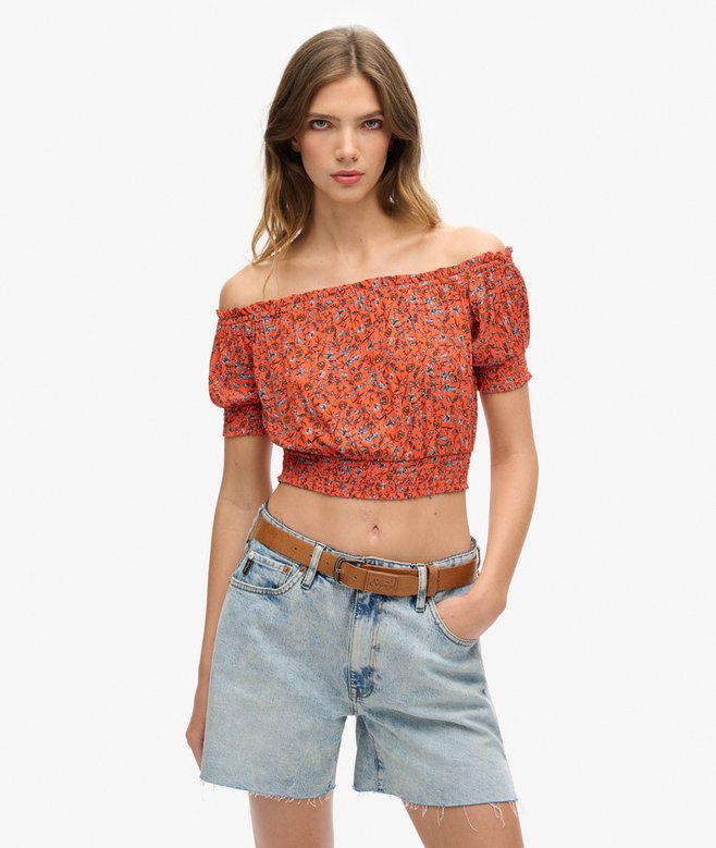 superdry Smocked Short Sleeve Crop Top