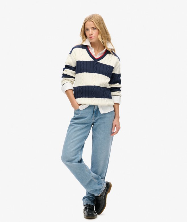 Superdry Stripe Oversized Cable V Neck Jumper