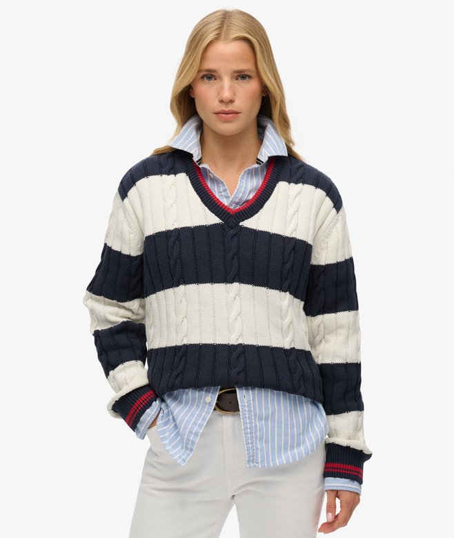 superdry Stripe Oversized Cable V Neck Jumper